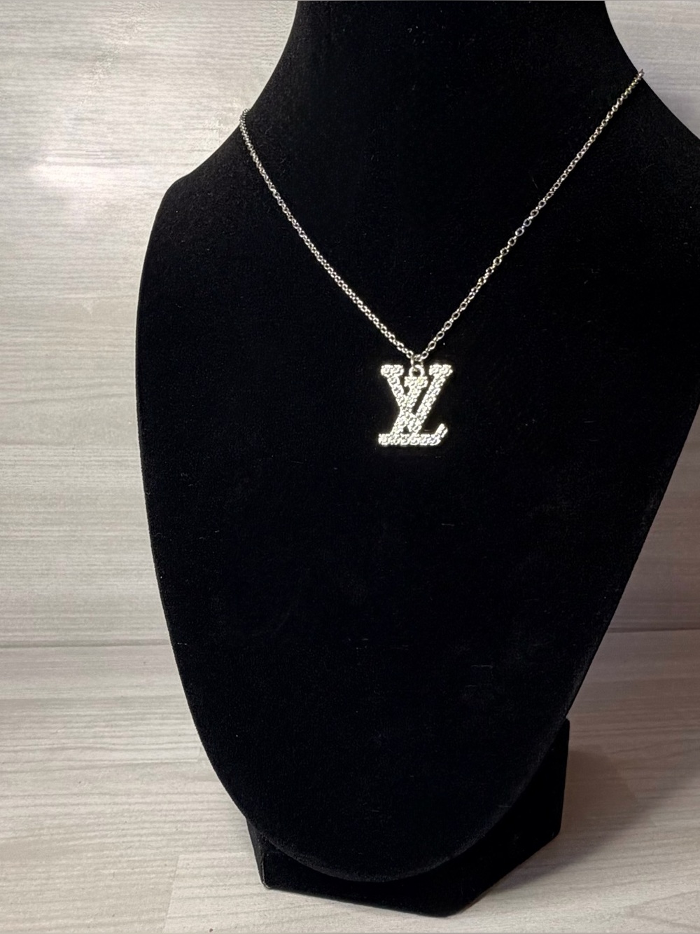 LV Silver Crystal Initial Necklace